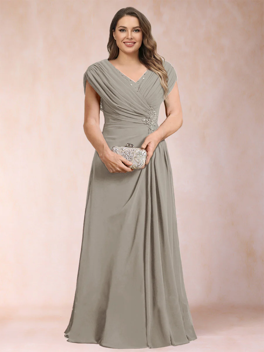 A-Line/Princess V-Neck Chiffon Ruched Plus Size Mother of the Bride Dresses with Appliques & Beading - Image 65