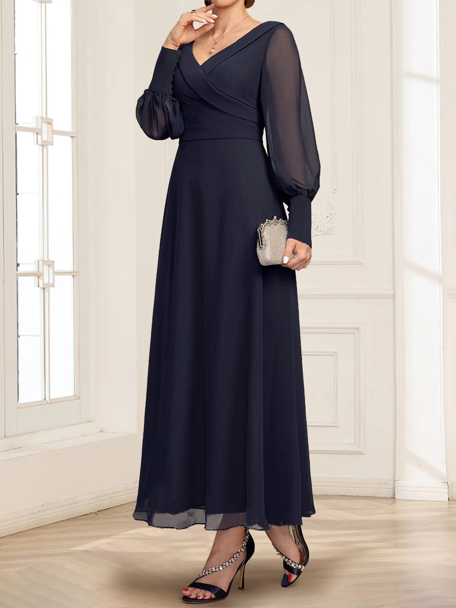 A-Line/Princess V-Neck Collared Long Sleeves Ankle-Length Mother Of The Bride Dresses With Pleated - Image 3