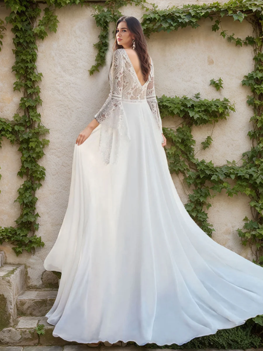 A-Line/Princess V-Neck Flare Sleeves Lace Wedding Dresses - Image 2