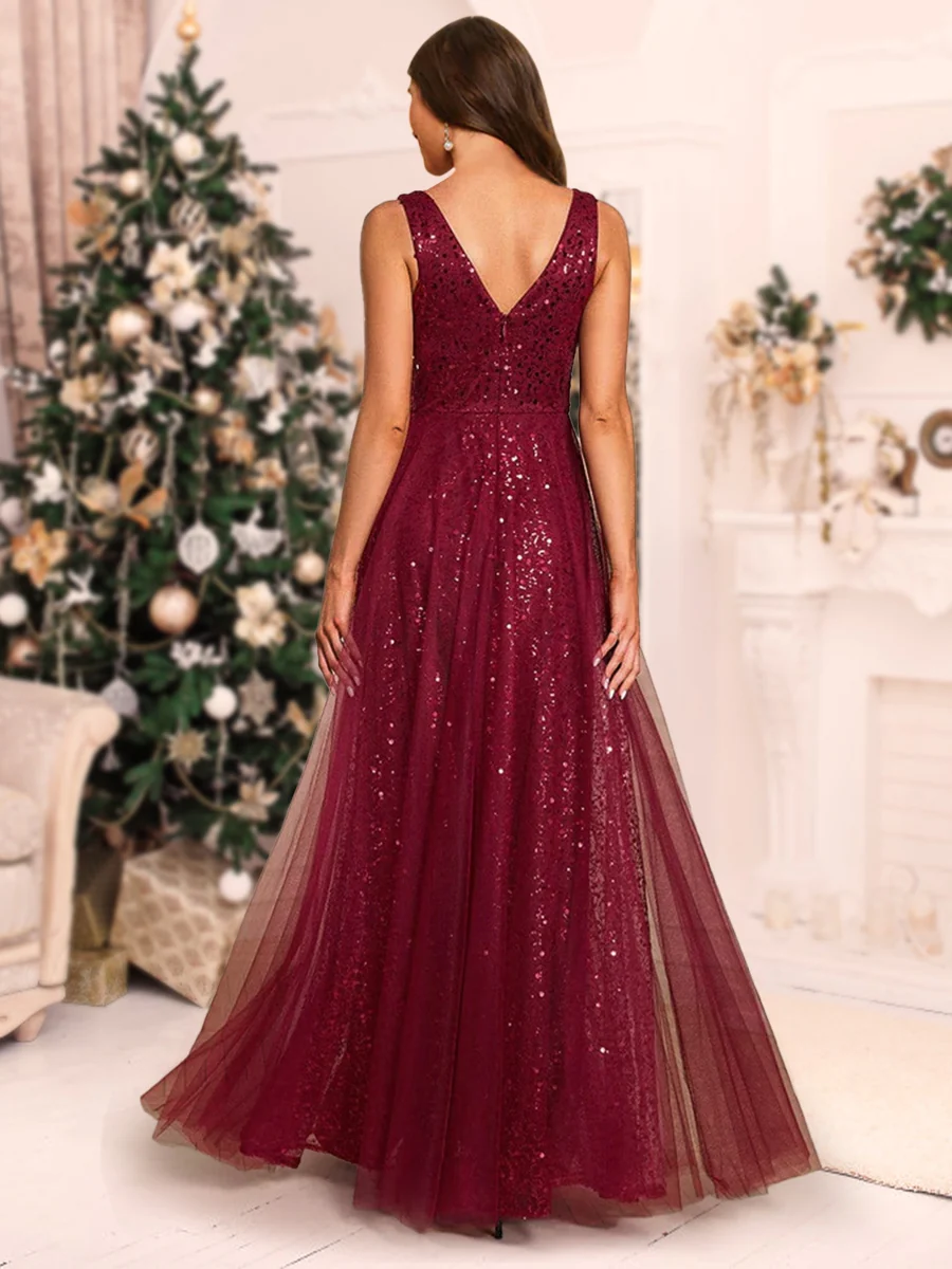 A-Line/Princess V-Neck Floor-Length Christmas Dresses With Ruffles - Image 2