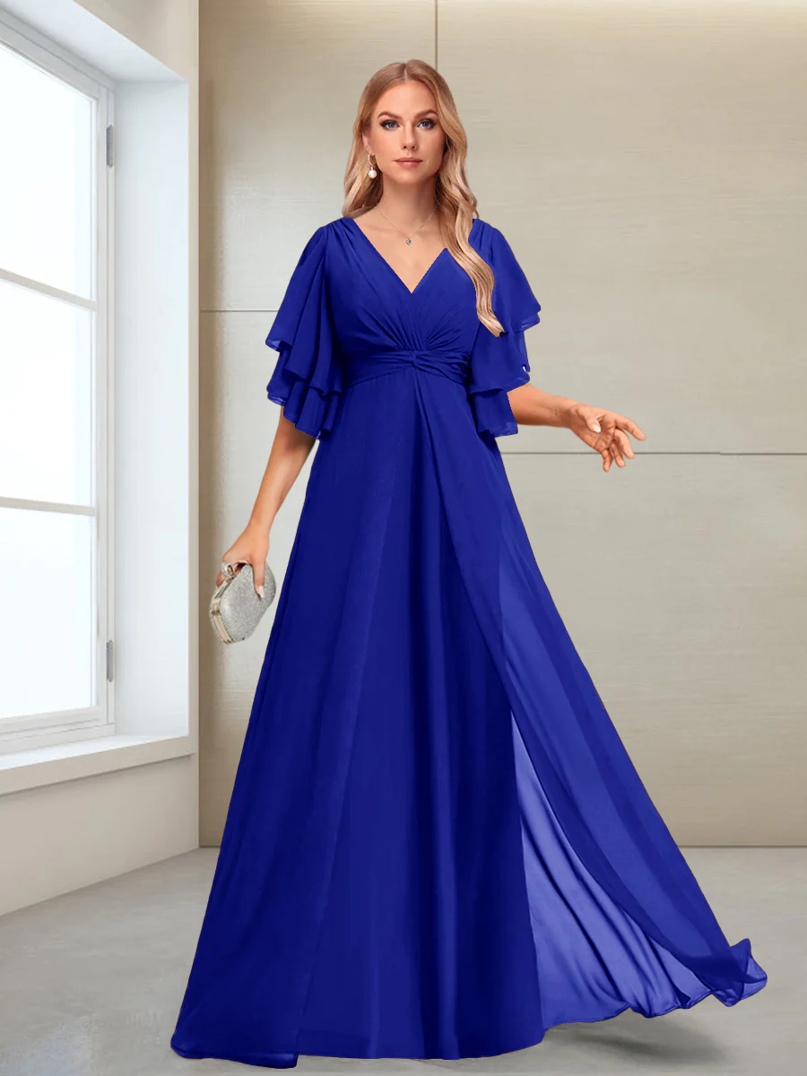 A-Line/Princess V-Neck Floor-Length Half Sleeves Mother of the Bride Dresses - Image 15