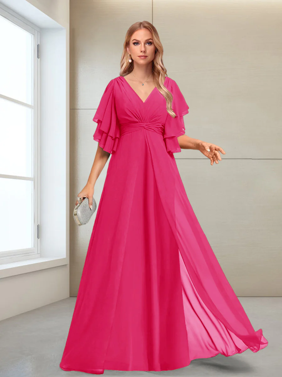 A-Line/Princess V-Neck Floor-Length Half Sleeves Mother of the Bride Dresses - Image 20