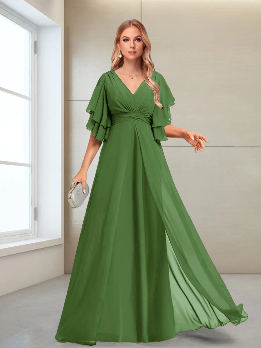 A-Line/Princess V-Neck Floor-Length Half Sleeves Mother of the Bride Dresses - Image 33