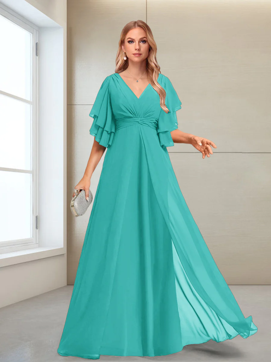 A-Line/Princess V-Neck Floor-Length Half Sleeves Mother of the Bride Dresses - Image 35