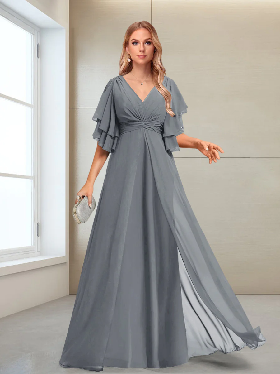 A-Line/Princess V-Neck Floor-Length Half Sleeves Mother of the Bride Dresses - Image 43