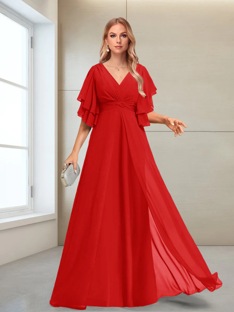 A-Line/Princess V-Neck Floor-Length Half Sleeves Mother of the Bride Dresses - Image 45