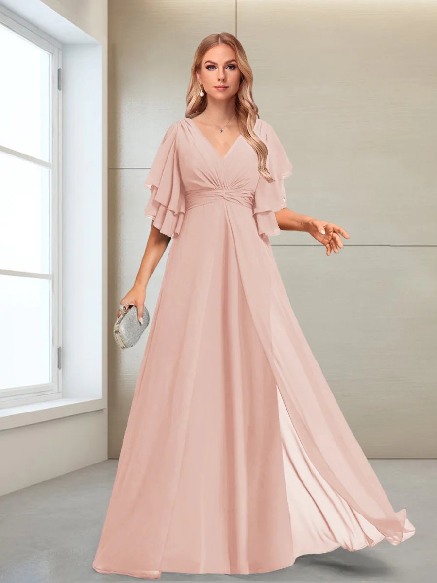 A-Line/Princess V-Neck Floor-Length Half Sleeves Mother of the Bride Dresses - Image 53