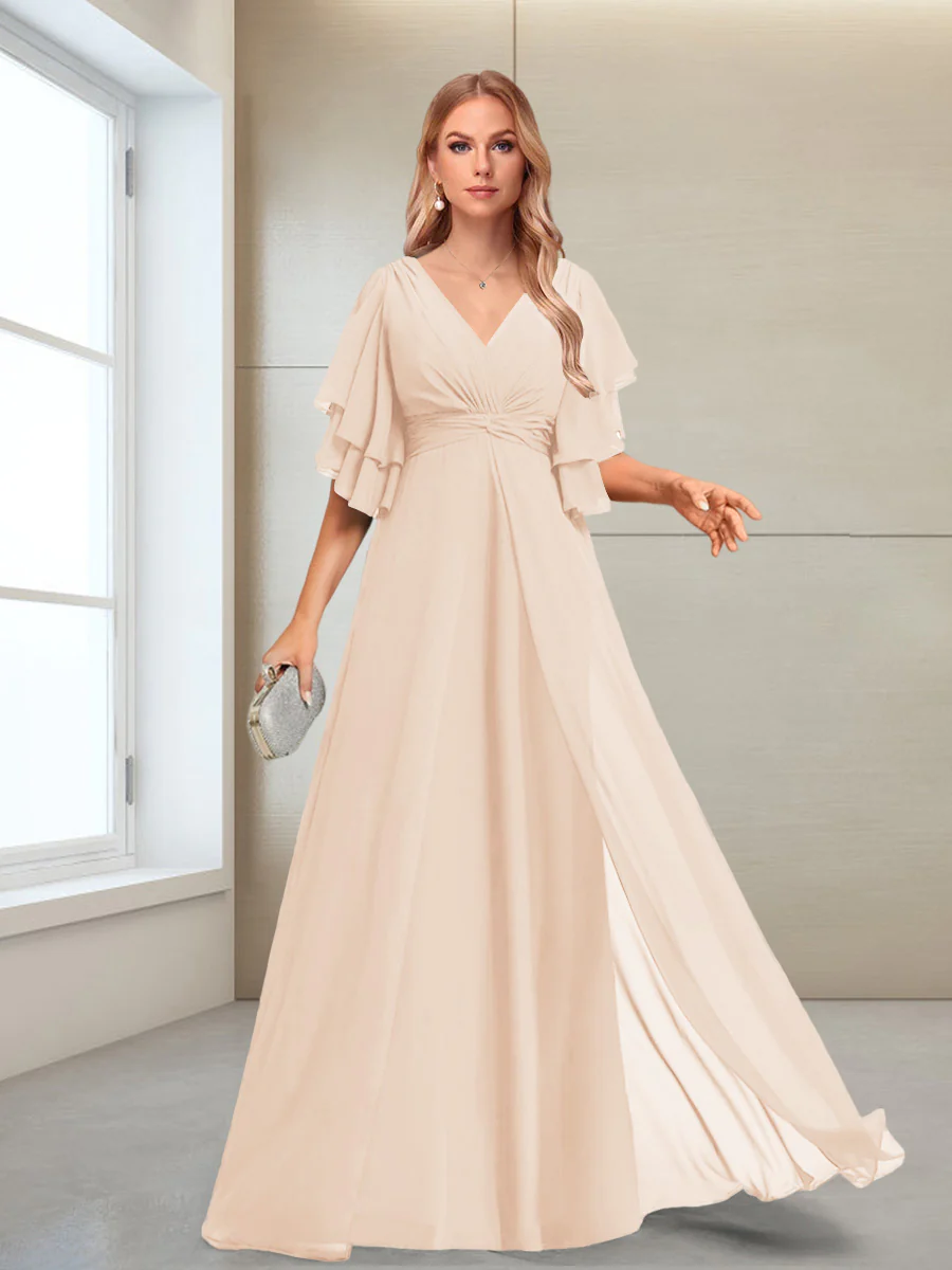 A-Line/Princess V-Neck Floor-Length Half Sleeves Mother of the Bride Dresses - Image 58
