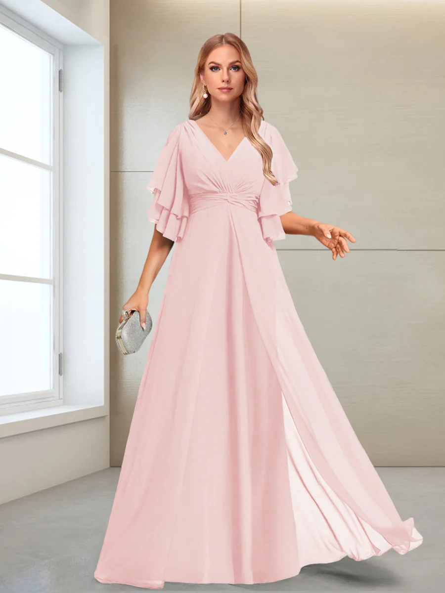 A-Line/Princess V-Neck Floor-Length Half Sleeves Mother of the Bride Dresses - Image 59