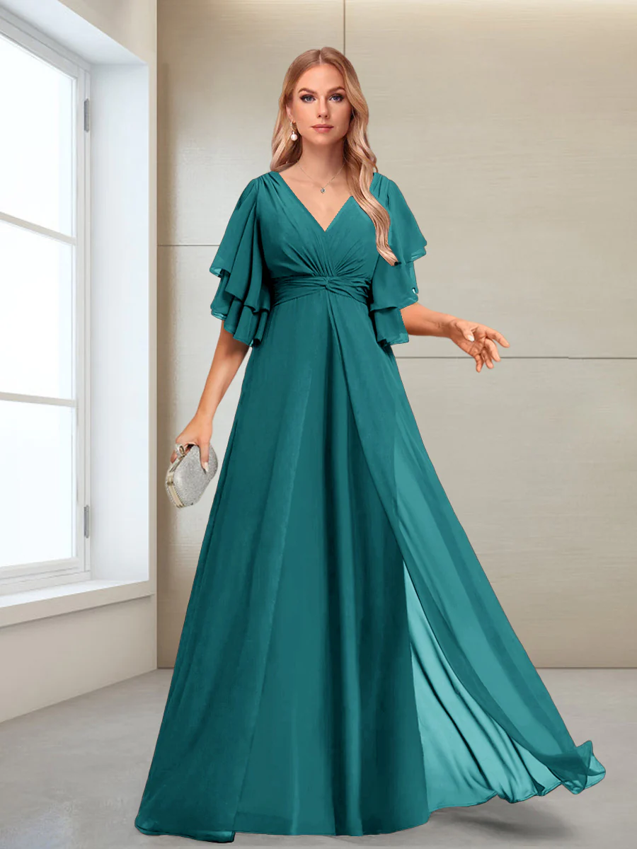 A-Line/Princess V-Neck Floor-Length Half Sleeves Mother of the Bride Dresses - Image 9