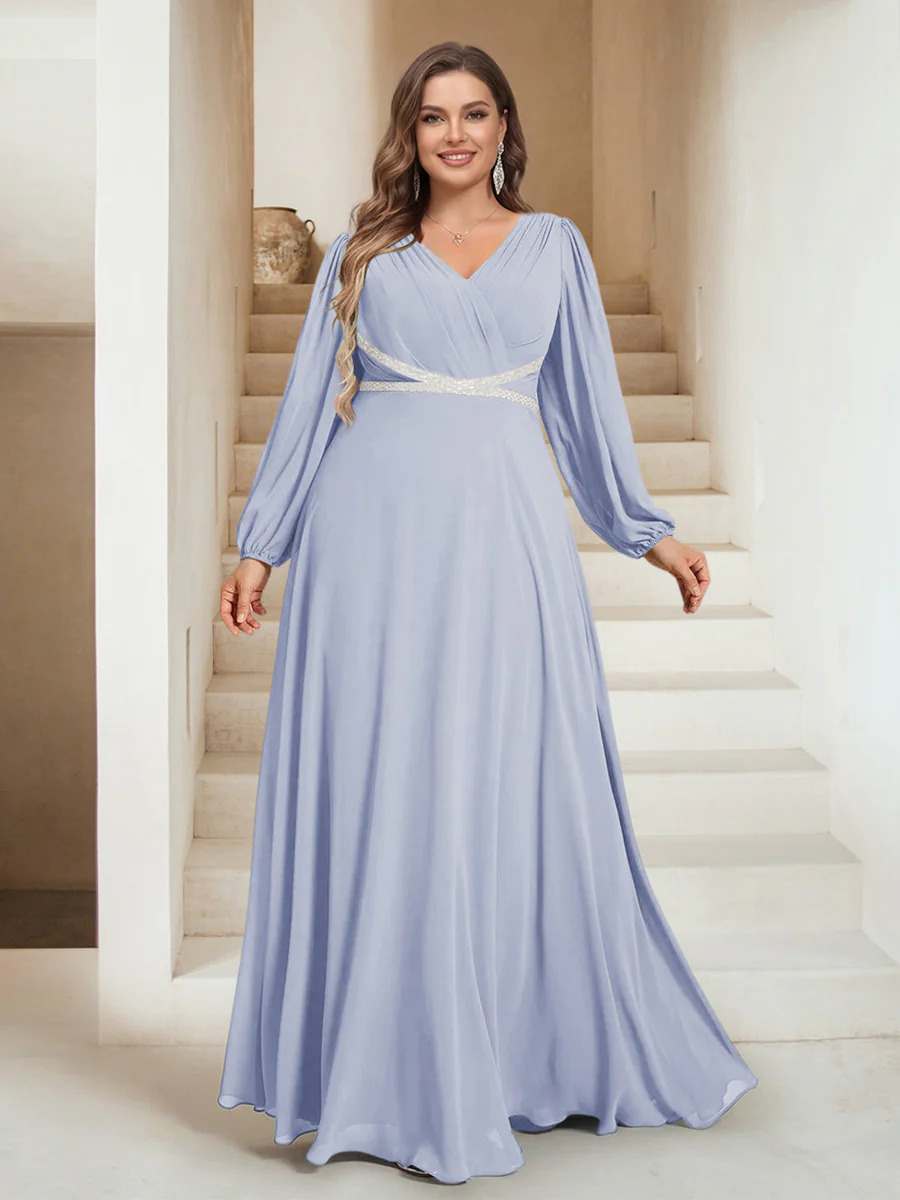 A-Line/Princess V-Neck Floor-Length Plus Size Mother of the Bride Dresses - Image 16