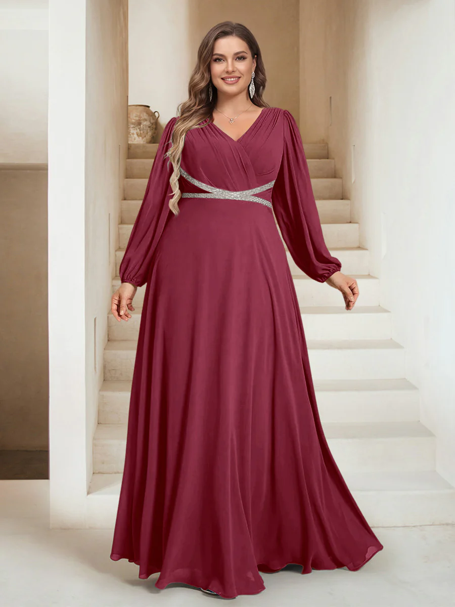 A-Line/Princess V-Neck Floor-Length Plus Size Mother of the Bride Dresses - Image 17