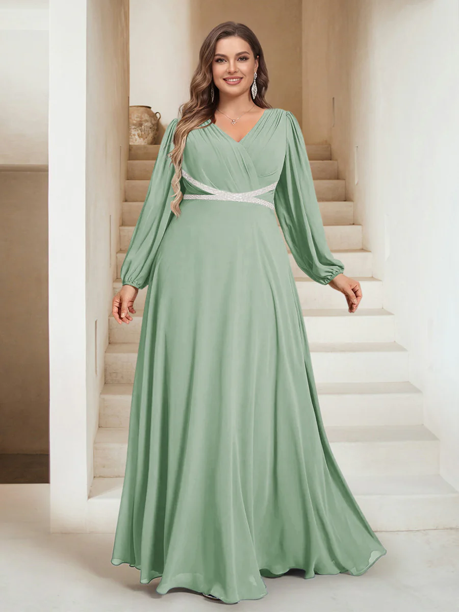 A-Line/Princess V-Neck Floor-Length Plus Size Mother of the Bride Dresses - Image 31