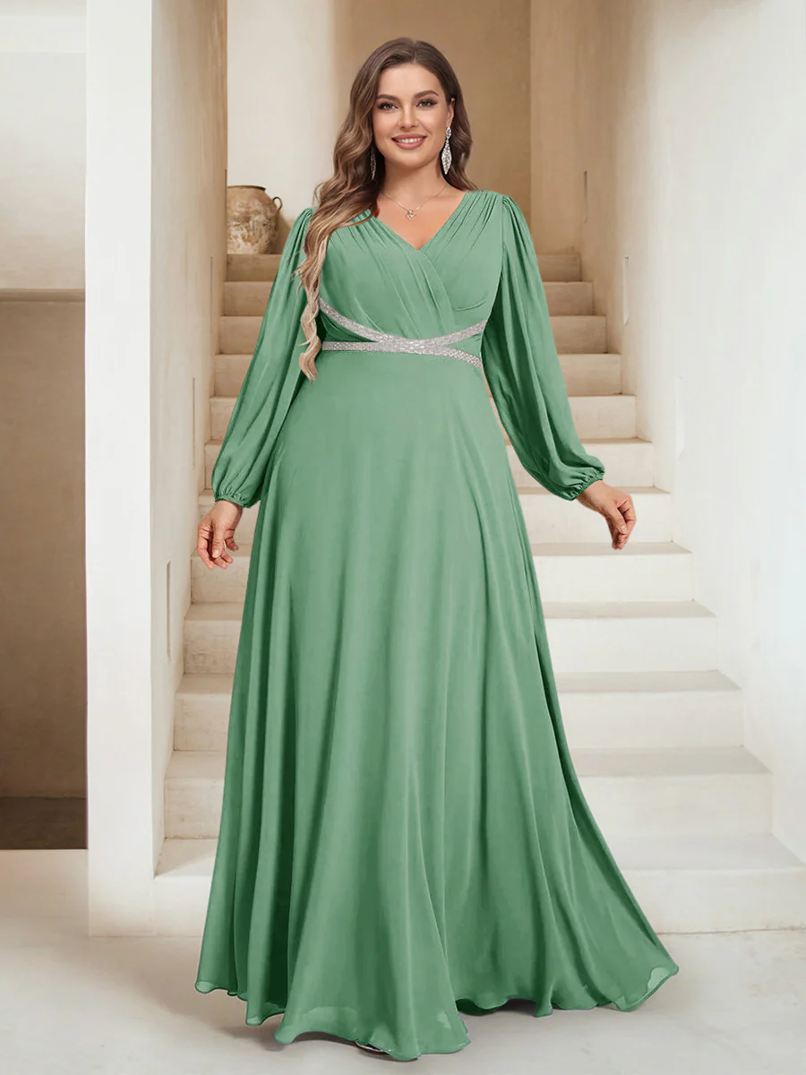 A-Line/Princess V-Neck Floor-Length Plus Size Mother of the Bride Dresses - Image 46
