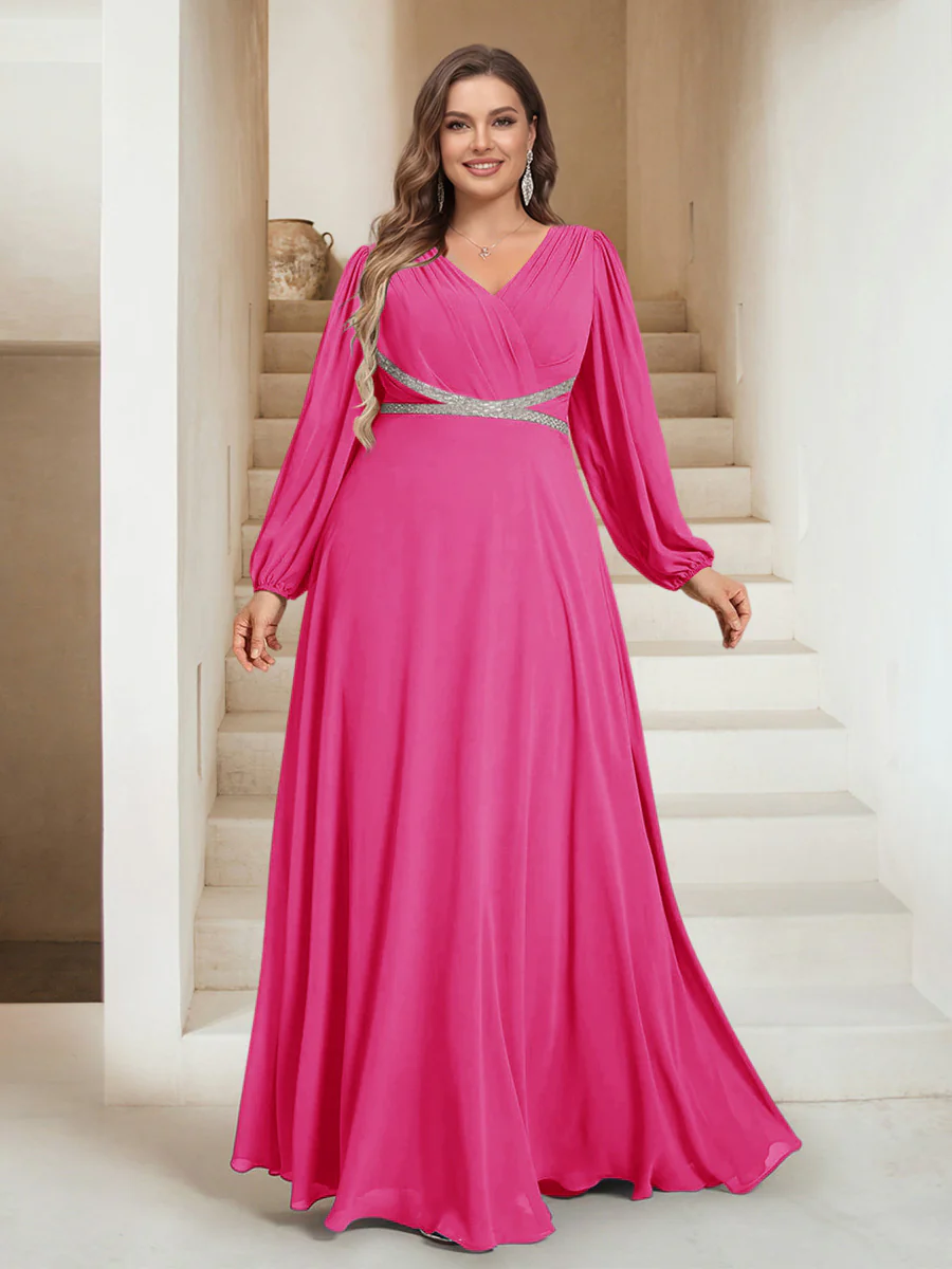 A-Line/Princess V-Neck Floor-Length Plus Size Mother of the Bride Dresses - Image 51