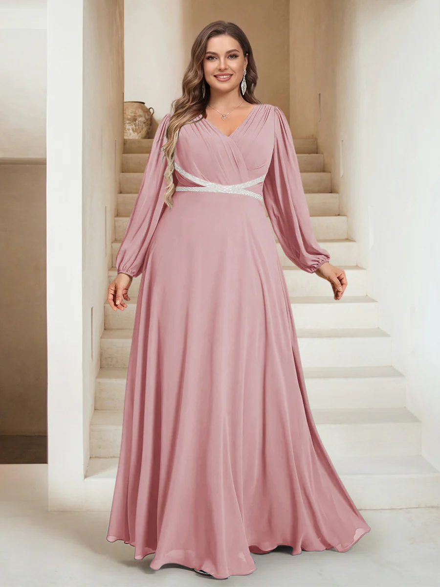 A-Line/Princess V-Neck Floor-Length Plus Size Mother of the Bride Dresses - Image 55