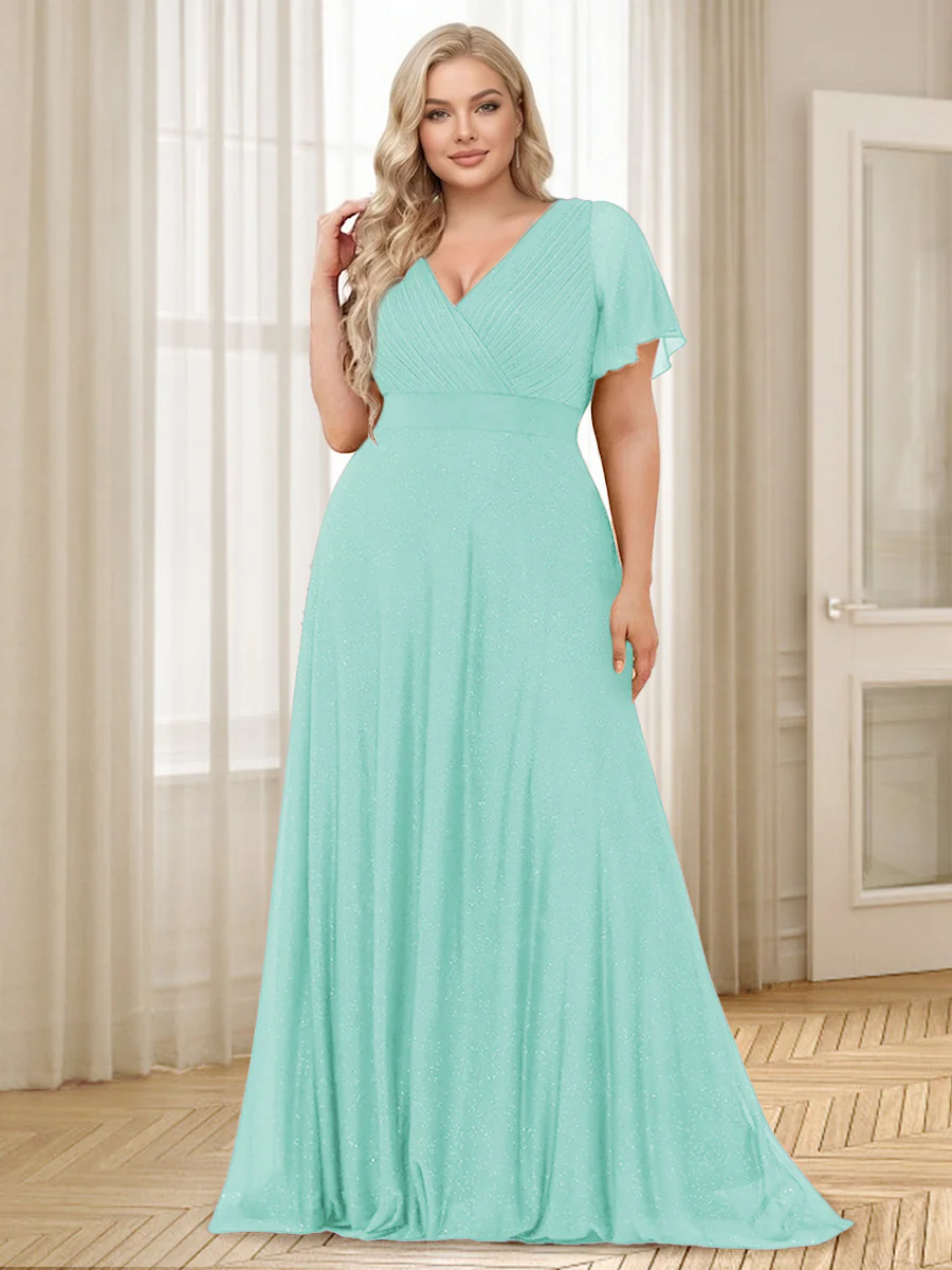 A-Line/Princess V-Neck Floor-Length Ruffles Plus Size Bridesmaid Dresses - Image 26