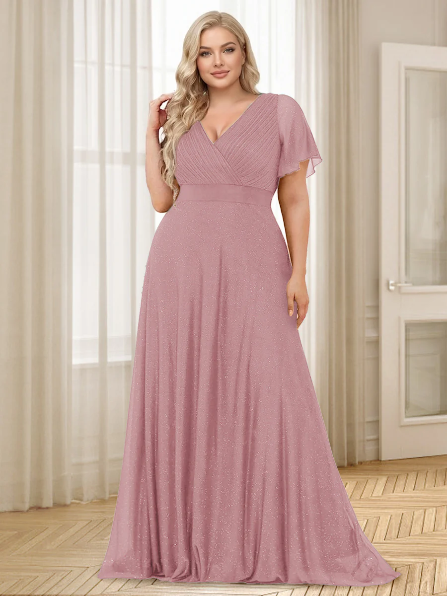 A-Line/Princess V-Neck Floor-Length Ruffles Plus Size Bridesmaid Dresses - Image 28