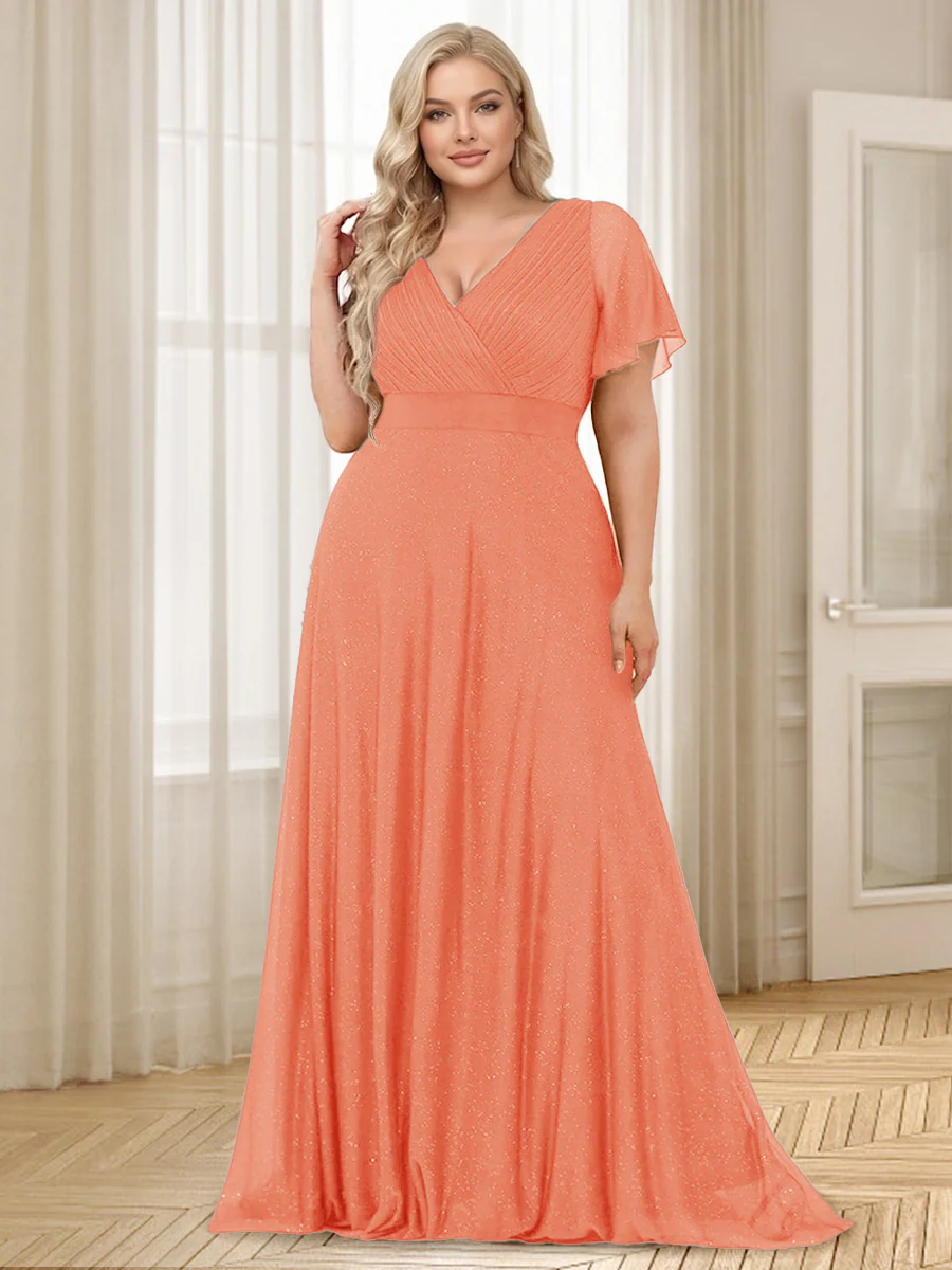A-Line/Princess V-Neck Floor-Length Ruffles Plus Size Bridesmaid Dresses - Image 40