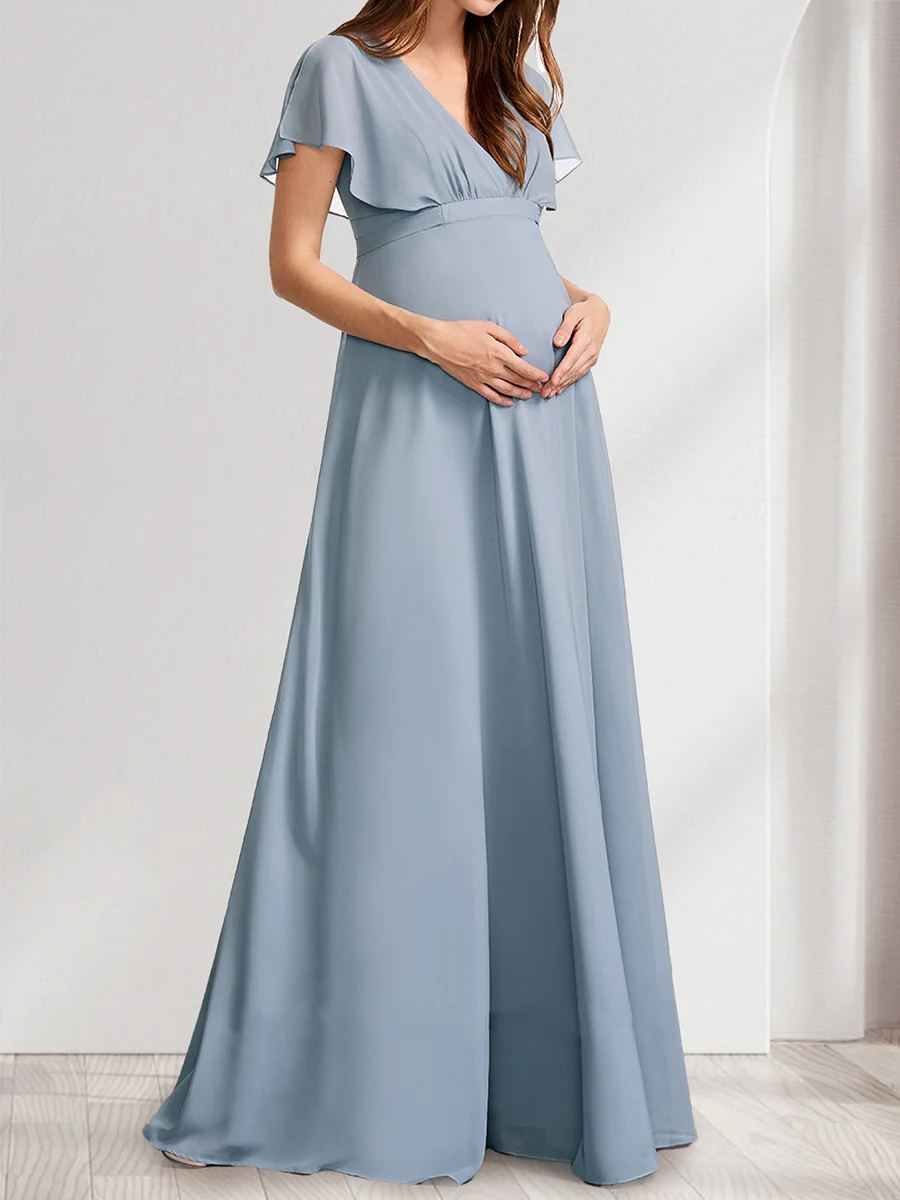 A-Line/Princess V-Neck Flutter Sleeves Baby Shower Bridesmaid Dresses with Bow & Ruffles - Image 3
