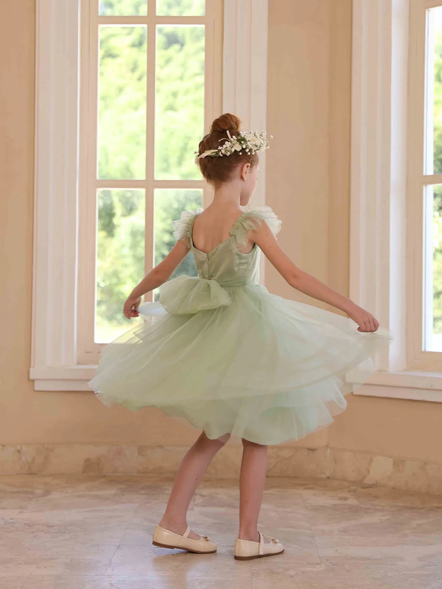 A-Line/Princess V-Neck Flying Sleeves Pleated Tulle Flower Girl Dresses - Image 2