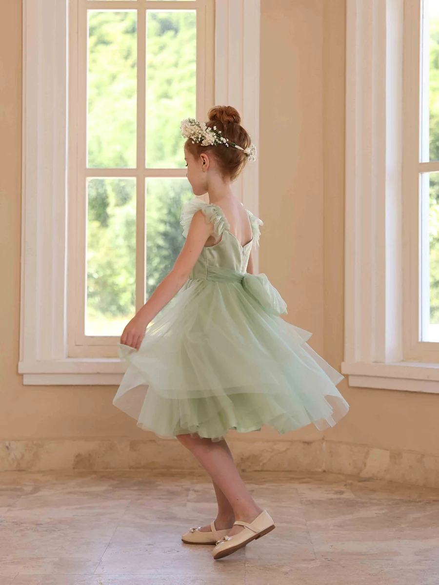 A-Line/Princess V-Neck Flying Sleeves Pleated Tulle Flower Girl Dresses - Image 6