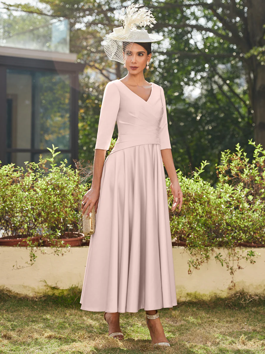A-Line/Princess V-Neck Half Sleeves Ankle-Length Long Evening Dresses with Ruffles - Image 25