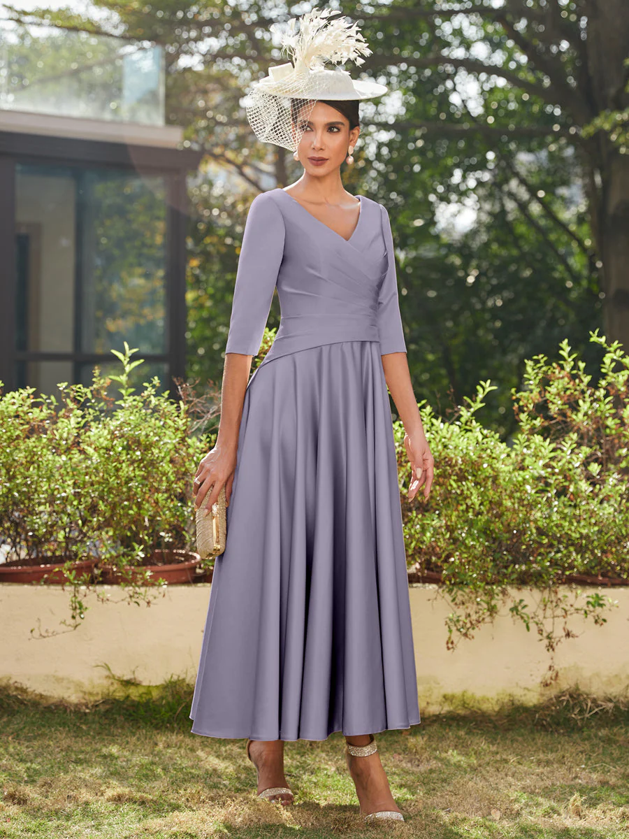 A-Line/Princess V-Neck Half Sleeves Ankle-Length Long Evening Dresses with Ruffles - Image 37