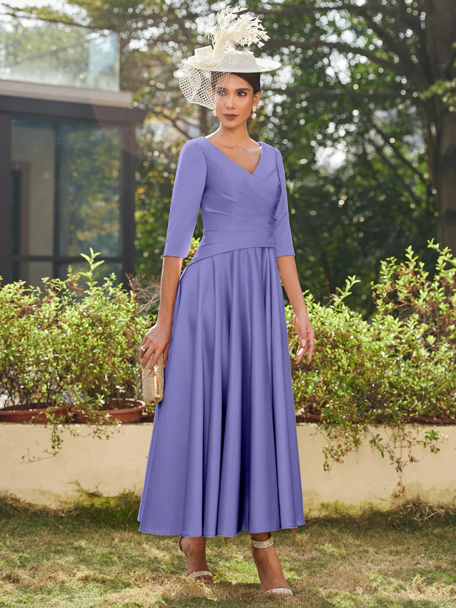 A-Line/Princess V-Neck Half Sleeves Ankle-Length Long Evening Dresses with Ruffles - Image 39