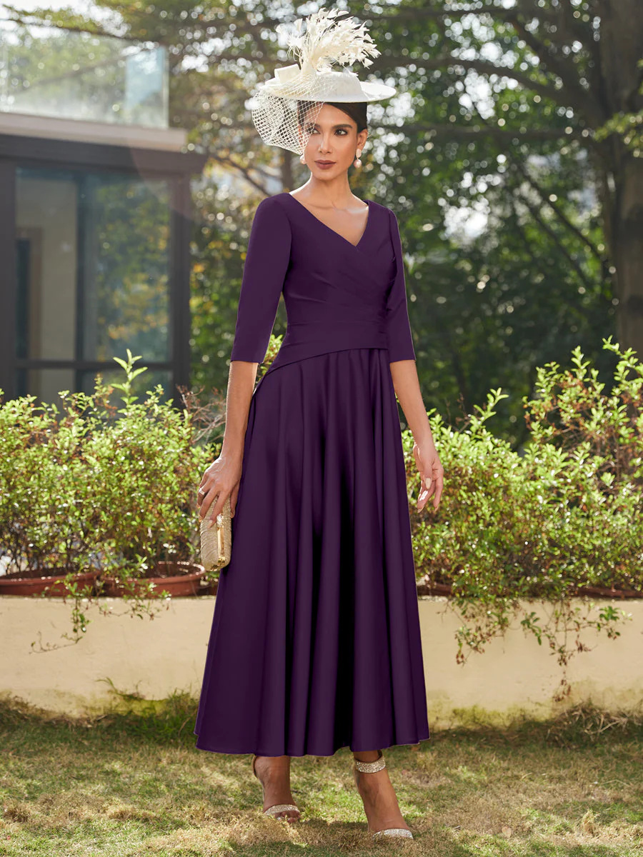 A-Line/Princess V-Neck Half Sleeves Ankle-Length Long Evening Dresses with Ruffles - Image 44