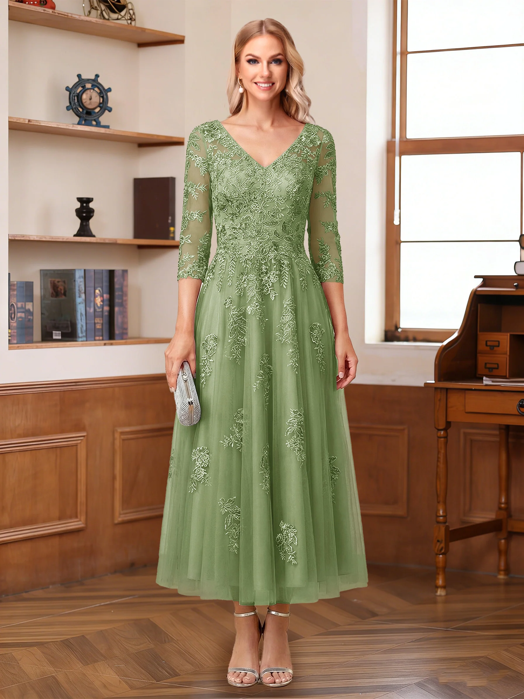A-Line/Princess V-Neck Half Sleeves Ankle-Length Mother of the Bride Dresses with Appliques - Image 12