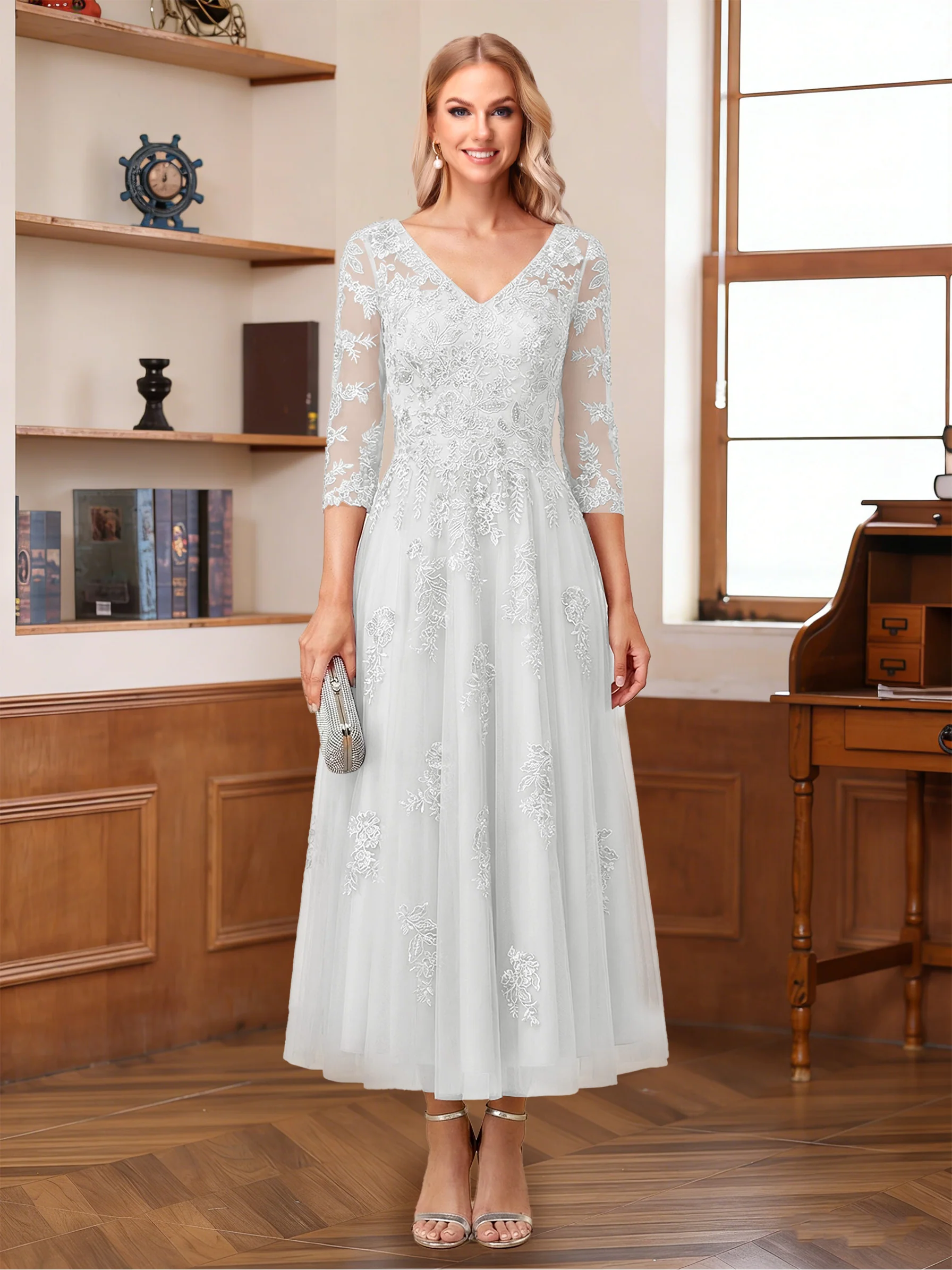 A-Line/Princess V-Neck Half Sleeves Ankle-Length Mother of the Bride Dresses with Appliques - Image 3