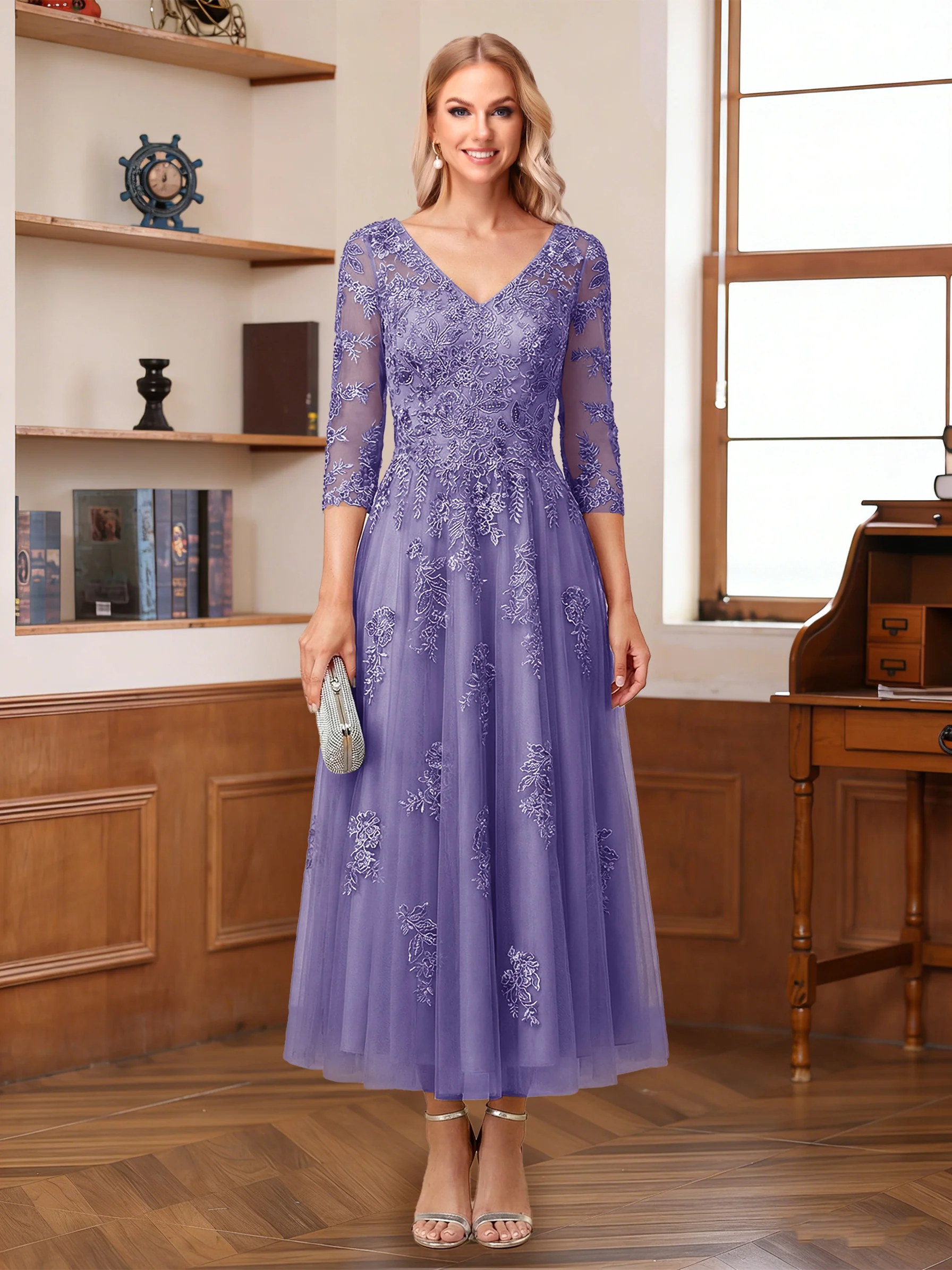 A-Line/Princess V-Neck Half Sleeves Ankle-Length Mother of the Bride Dresses with Appliques - Image 50