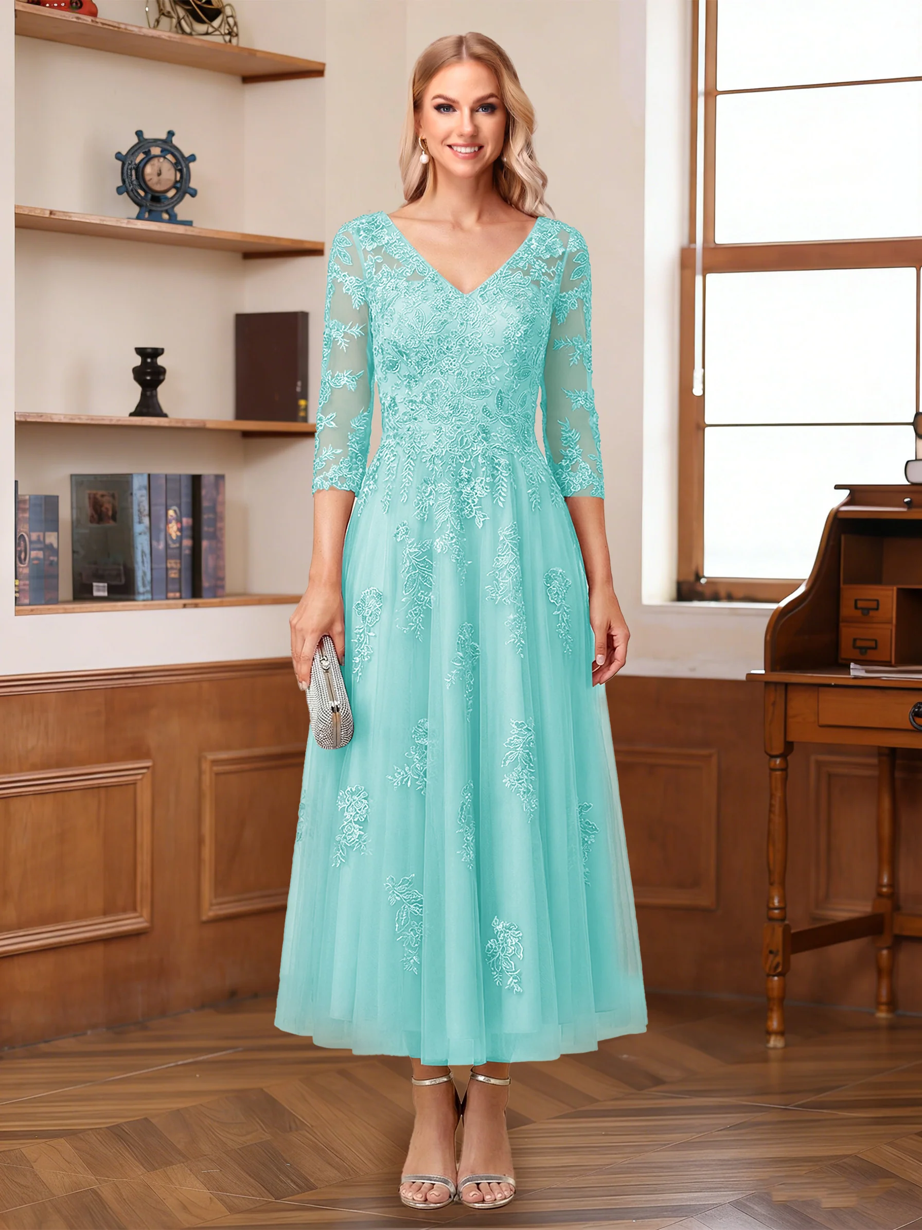 A-Line/Princess V-Neck Half Sleeves Ankle-Length Mother of the Bride Dresses with Appliques - Image 52