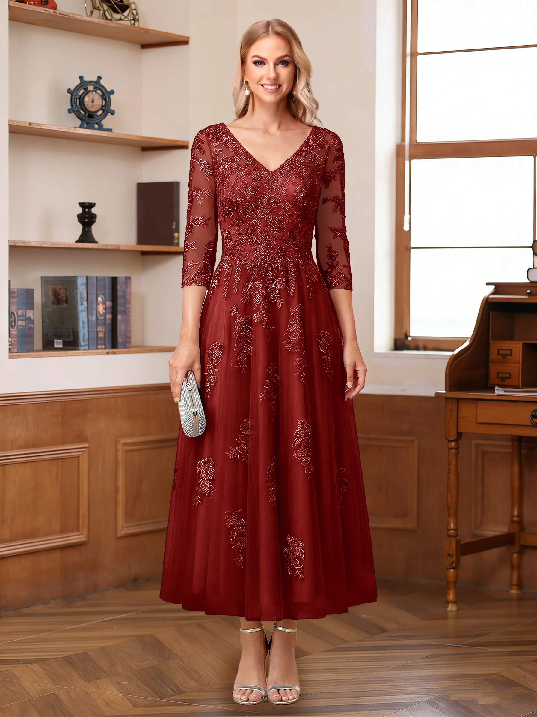 A-Line/Princess V-Neck Half Sleeves Ankle-Length Mother of the Bride Dresses with Appliques - Image 68