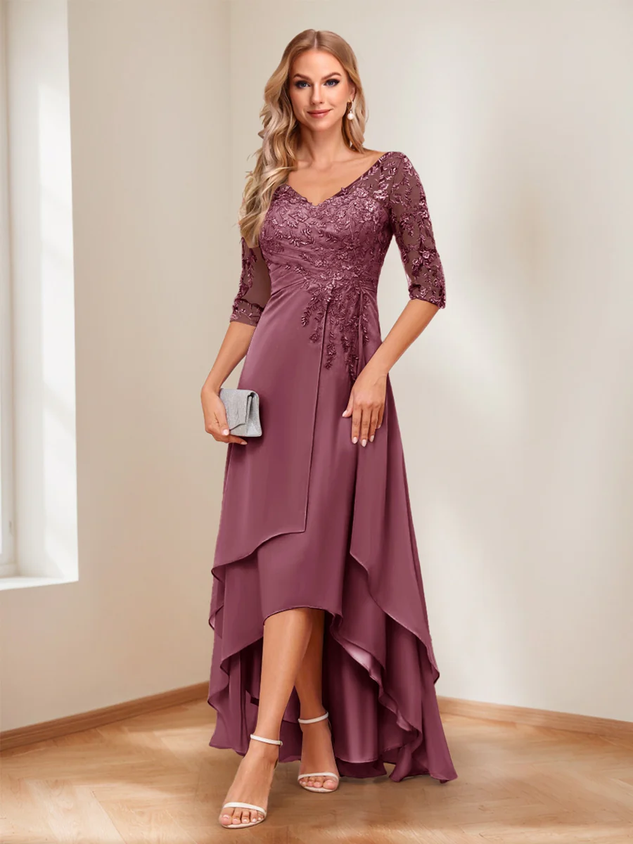 A-Line/Princess V-Neck Half Sleeves Asymmetrical Mother of the Bride Dresses with Appliques - Image 42