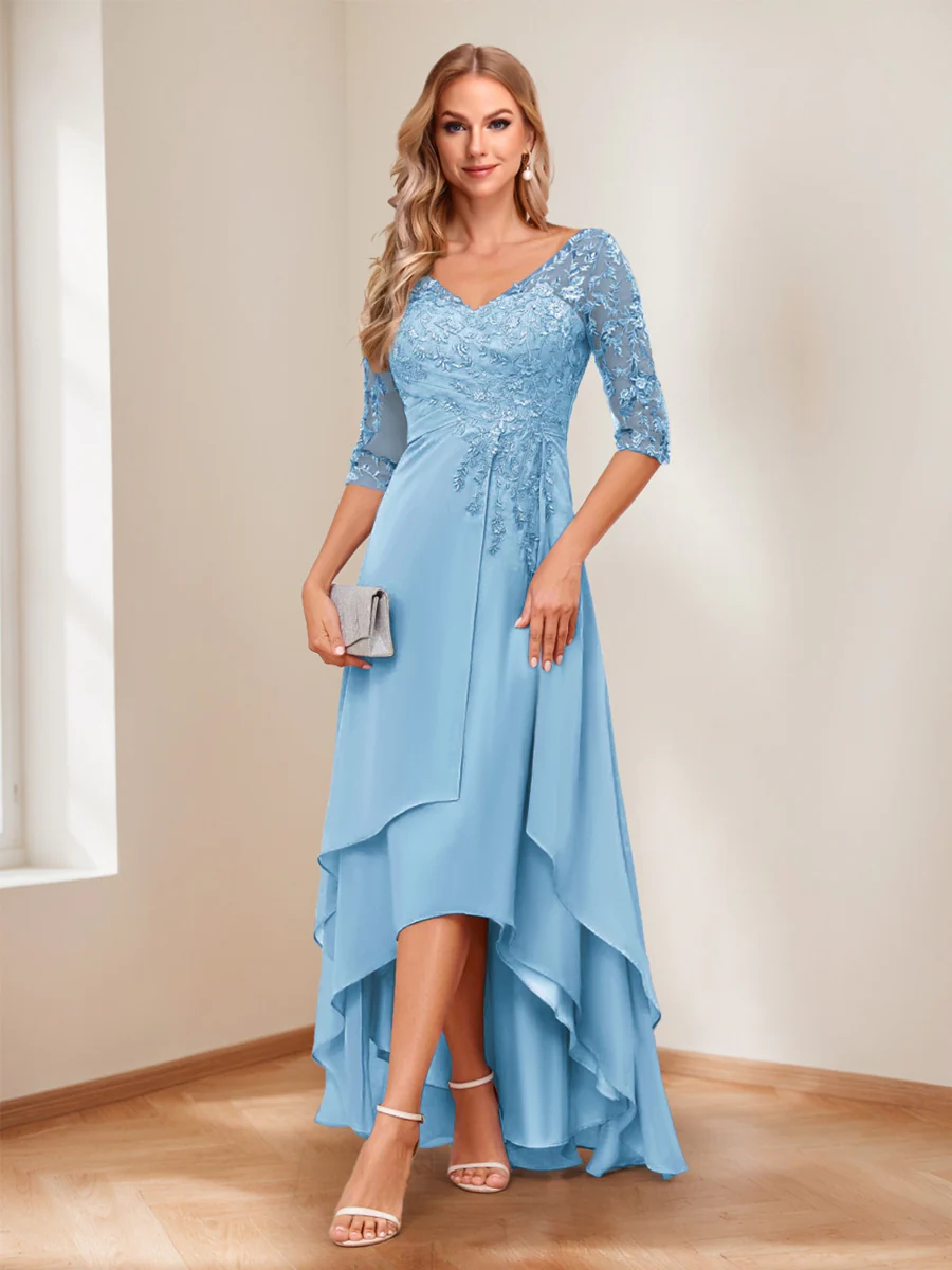 A-Line/Princess V-Neck Half Sleeves Asymmetrical Mother of the Bride Dresses with Appliques - Image 62