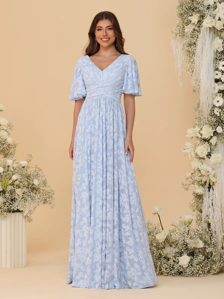 A-Line/Princess V-Neck Short Sleeves Long Bridesmaid Dresses - Image 3