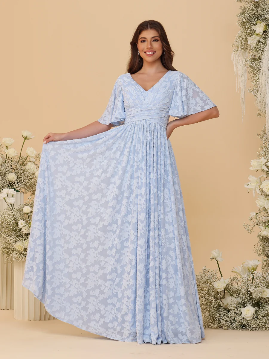 A-Line/Princess V-Neck Short Sleeves Long Bridesmaid Dresses - Image 5