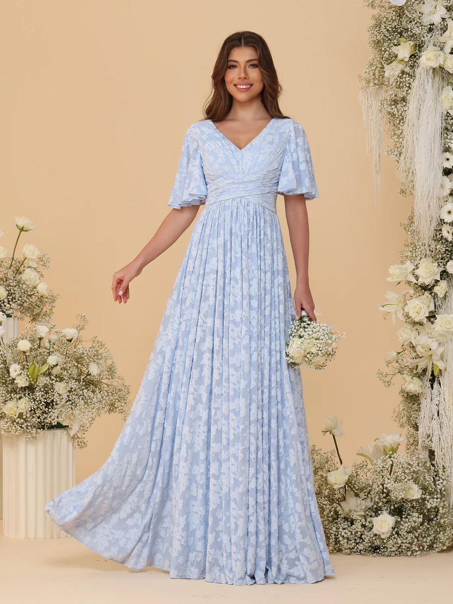 A-Line/Princess V-Neck Short Sleeves Long Bridesmaid Dresses - Image 6