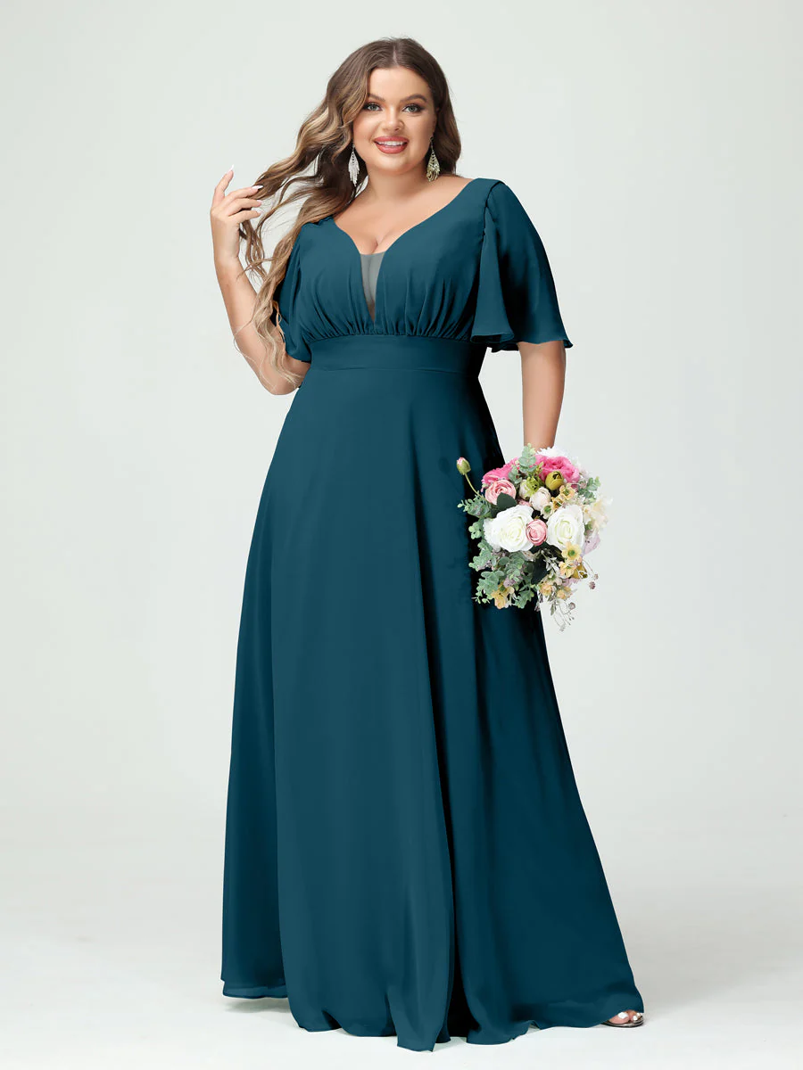 A-Line/Princess V-Neck Half Sleeves Chiffon Plus Size Bridesmaid Dresses with Pockets - Image 58