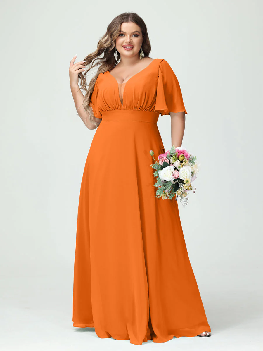 A-Line/Princess V-Neck Half Sleeves Chiffon Plus Size Bridesmaid Dresses with Pockets - Image 72