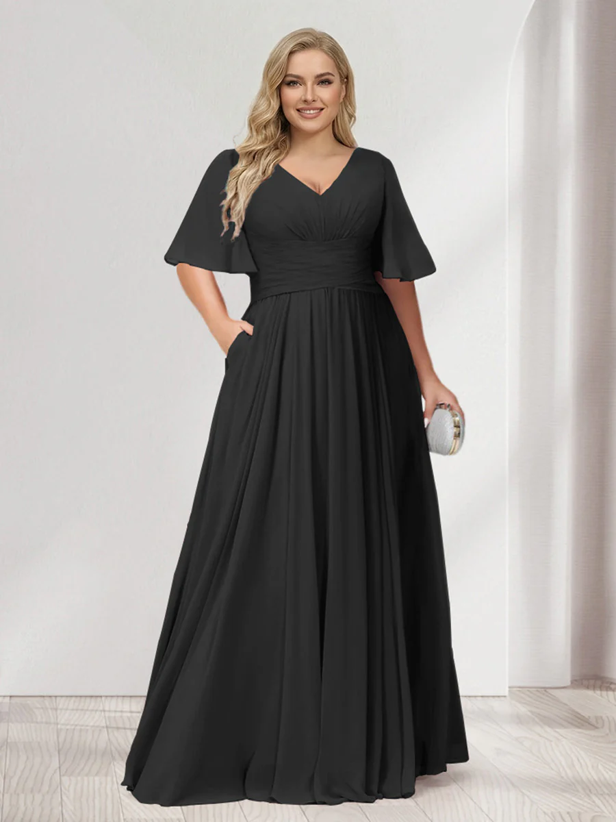 A-Line/Princess V-Neck Half Sleeves Chiffon Plus Size Bridesmaid Dresses with Pockets - Image 14