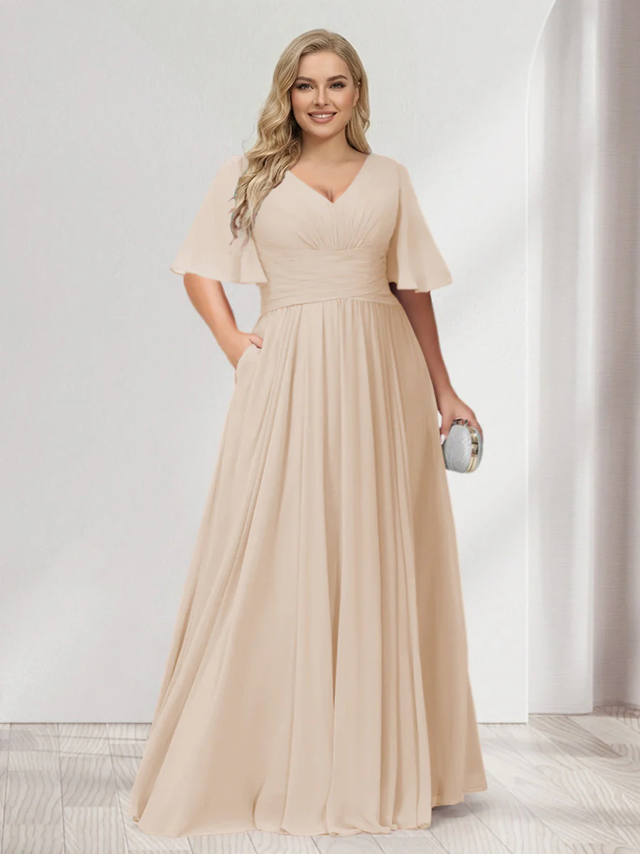 A-Line/Princess V-Neck Half Sleeves Chiffon Plus Size Bridesmaid Dresses with Pockets - Image 19