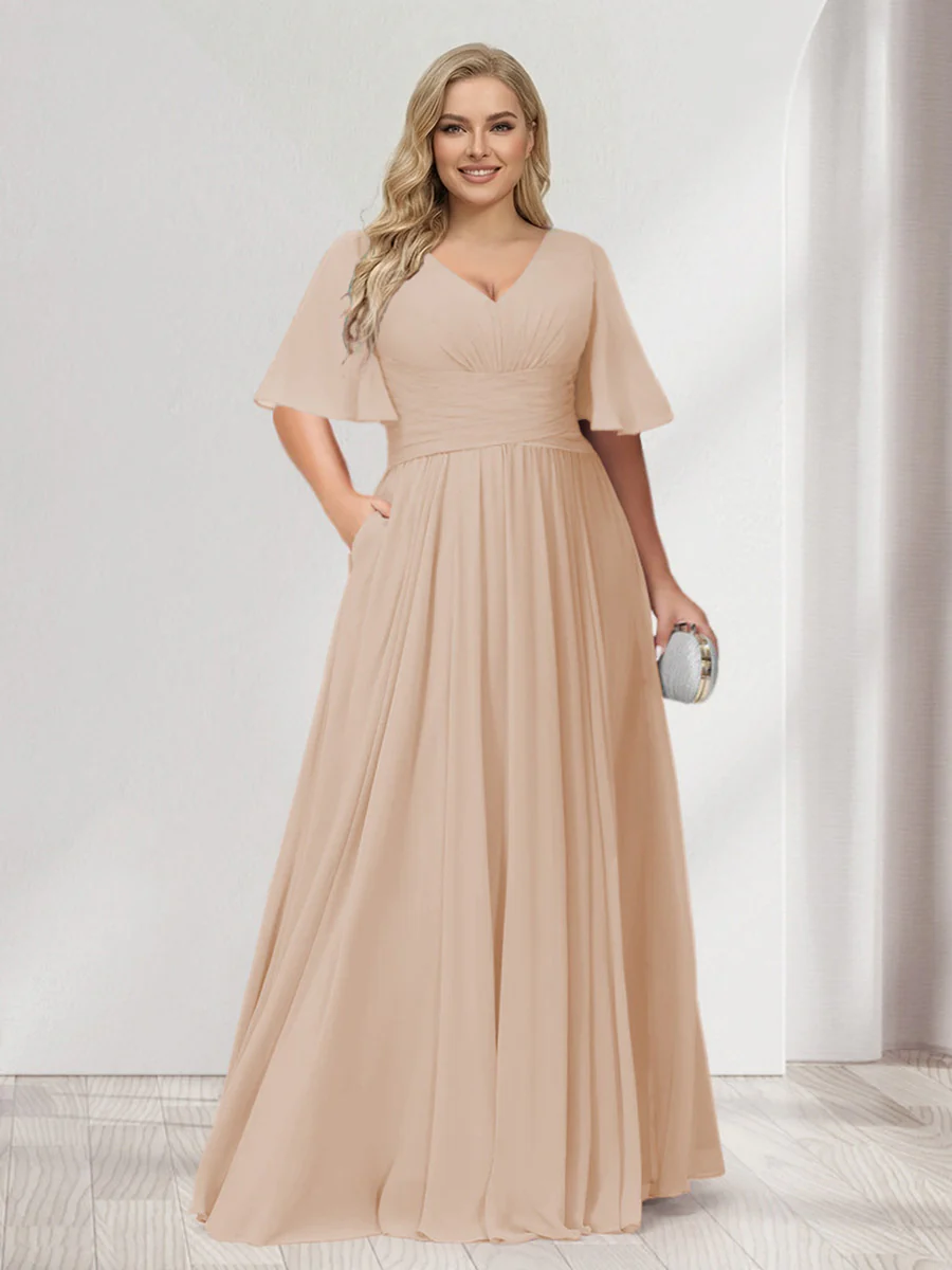 A-Line/Princess V-Neck Half Sleeves Chiffon Plus Size Bridesmaid Dresses with Pockets - Image 25