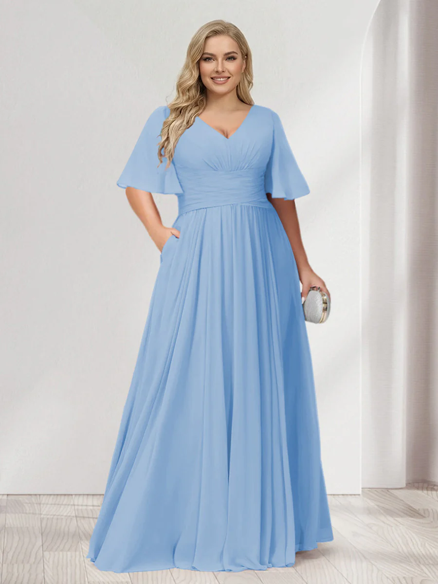 A-Line/Princess V-Neck Half Sleeves Chiffon Plus Size Bridesmaid Dresses with Pockets - Image 46