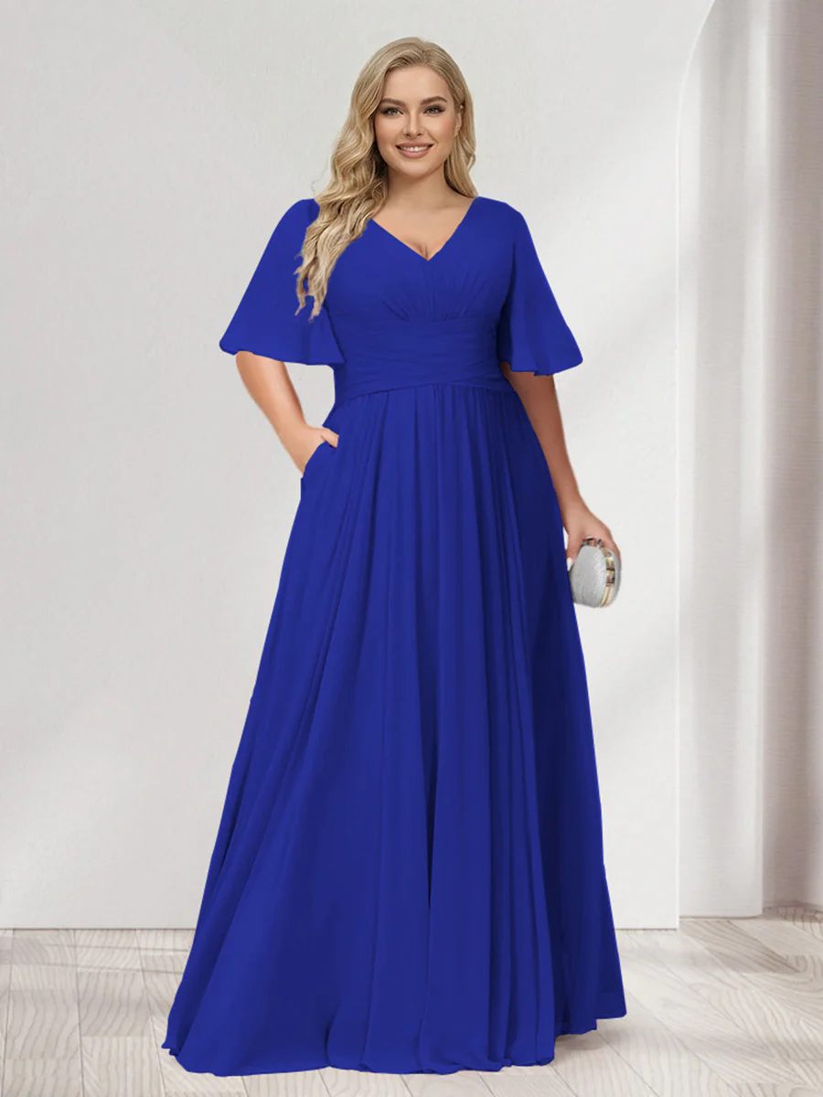 A-Line/Princess V-Neck Half Sleeves Chiffon Plus Size Bridesmaid Dresses with Pockets - Image 52