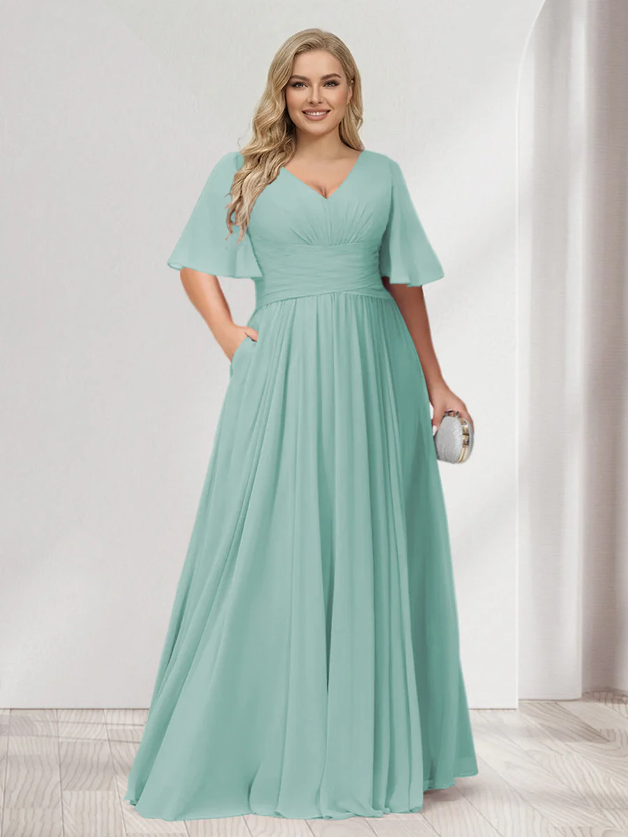 A-Line/Princess V-Neck Half Sleeves Chiffon Plus Size Bridesmaid Dresses with Pockets - Image 56