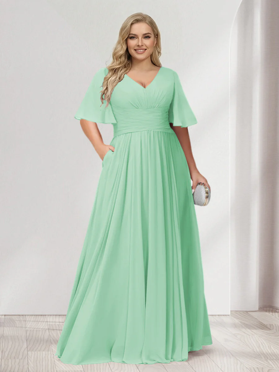 A-Line/Princess V-Neck Half Sleeves Chiffon Plus Size Bridesmaid Dresses with Pockets - Image 57