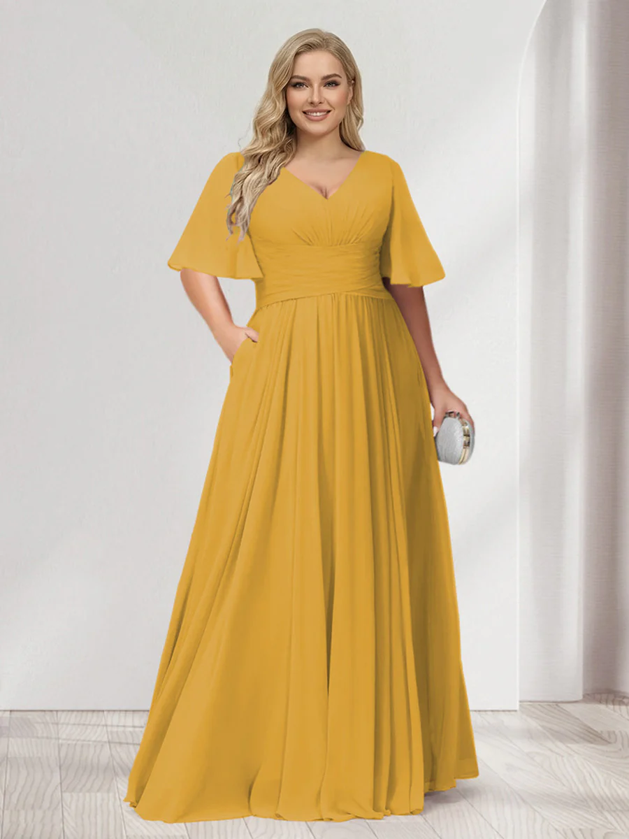 A-Line/Princess V-Neck Half Sleeves Chiffon Plus Size Bridesmaid Dresses with Pockets - Image 66